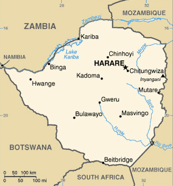 Map of modern day Zimbabwe