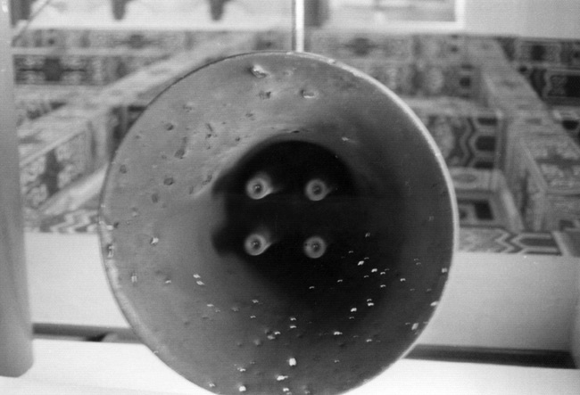 Loudspeakers situated on Kinmen broadcast messages to 
the Communist Chinese. This one was shot up by return shell fire.