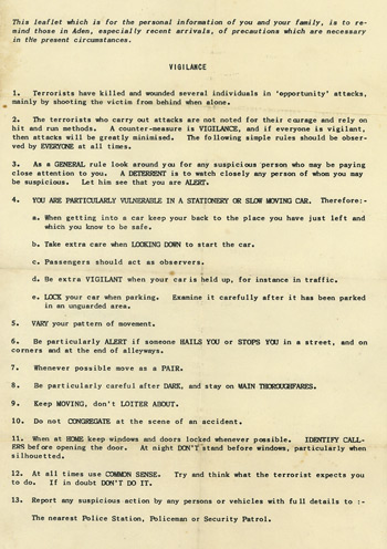 Aden Emergency - Vigilance leaflet for New Troops